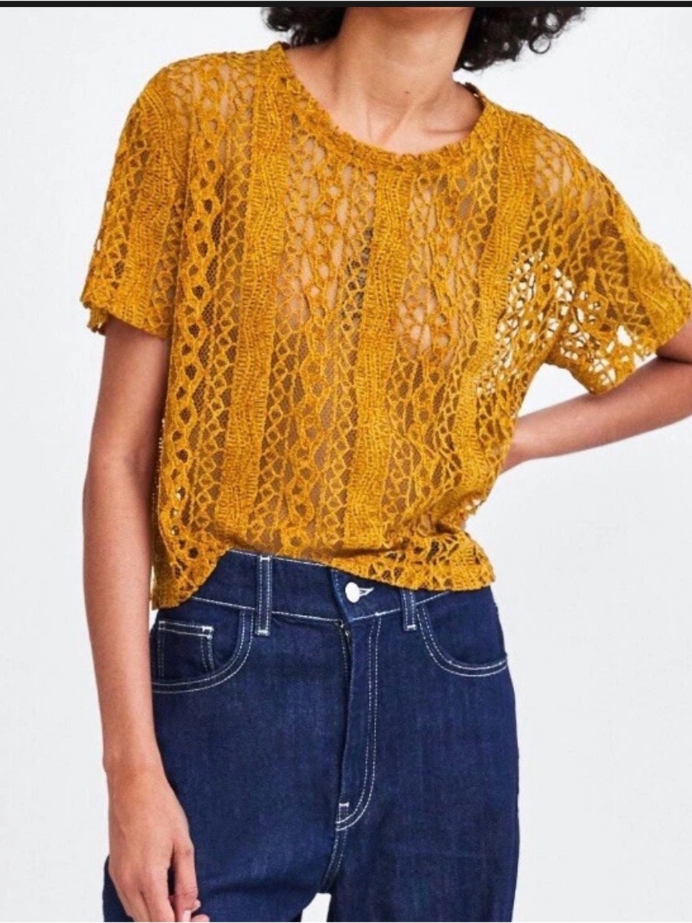 Zara Trafaluc mustard yellow lace blouse with vertical lace panels, size S